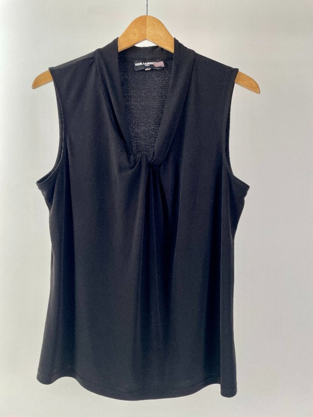 Karl Lagerfeld Paris Black Sleeveless V Neck Tank Top With Knotted Detail, Sz L
